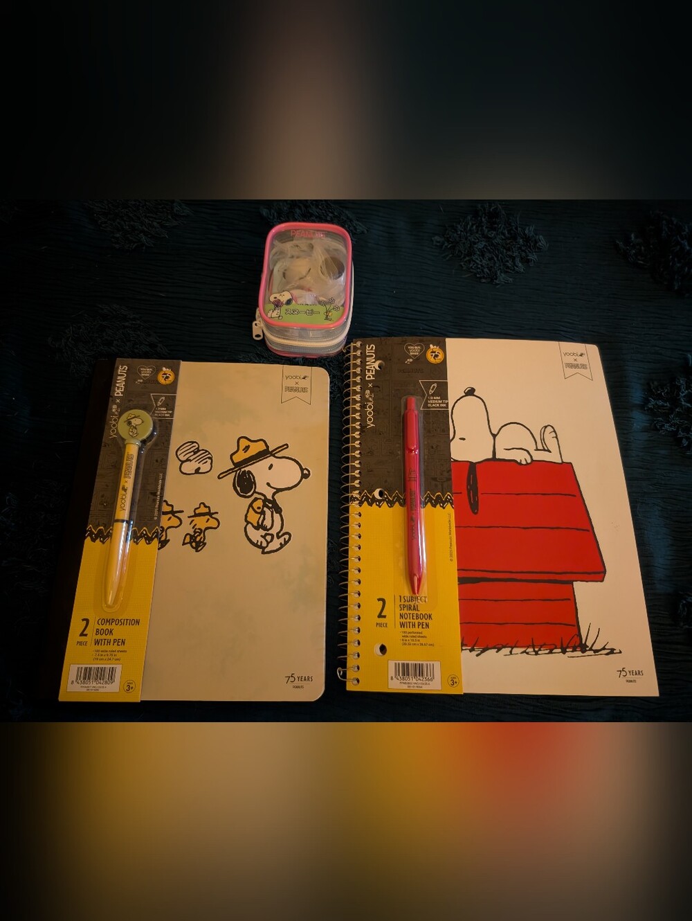 Rokimoto Flower Snoopy and case w/ two Snoopy notebook and pen sets.